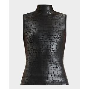 Hervé Léger 'Clarice' Black Rayon Mock-Neck Croc-Embossed Sleeveless Top Size M